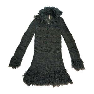 Free People Fringe Duster Cardigan Sweater 95% Wool Womens Sm Dark Green D/C HTF